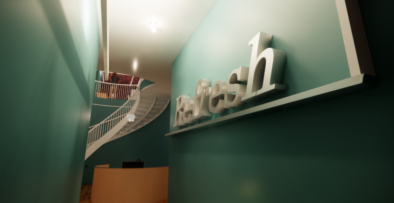 Refresh entrance, showcasing the interior signage as well as a glimpse of the central staircase