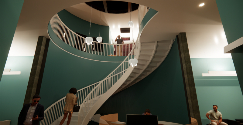 Refresh lobby, showcasing the atrium of the building housing artistic lighting and the central staircase