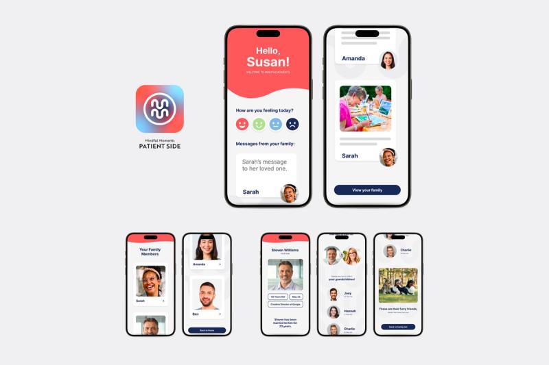 Patient dashboard and features including a mood tracker input, positive messages and images from family, family member list, and family member profiles.