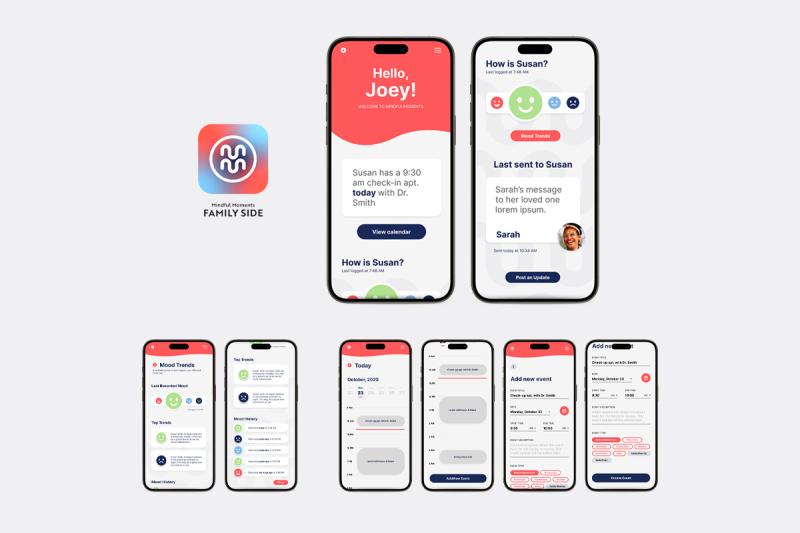 Family / caregiver dashboard and features including an appointment calendar, mood tracker data analysis, and a module to post to the patient’s feed.