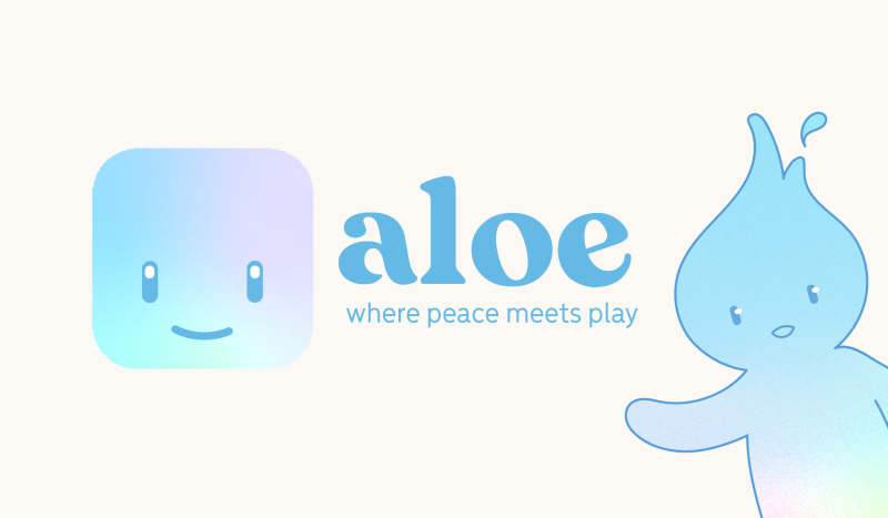Image of a water droplet mascot charactor with the text mark “aloe”