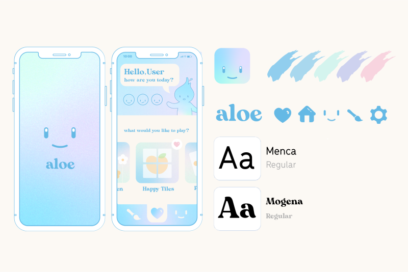 Image that showcases two wireframes of the app concept, the home and landing page on the left and a brand guide with brand colors and typefaces on the right.