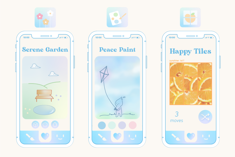 Image of three phone screens showcasing three games “Serene Garden” “Peace Paint” and “Happy Tiles”