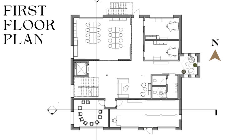  "First-floor plan of 'Canvas of Courage' includes lobby/art gallery, group counseling area, gathering space with a hearth, bathrooms, quiet nook, smaller art therapy rooms, and a large group art therapy room. The floor plan also features an elevator and stairs for accessing the upstairs area."