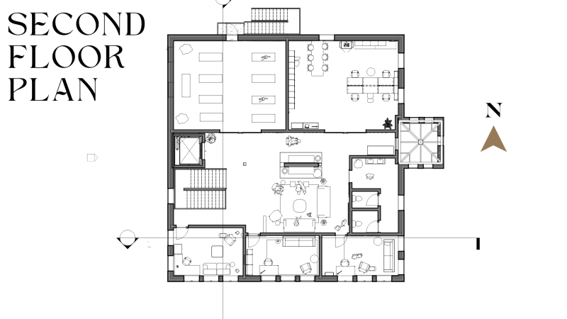 "Second-floor plan of 'Canvas of Courage' reveals a dynamic layout featuring stairs opening to a spacious hearth area. Additionally, there are three counseling rooms, a versatile yoga/flex space, and a dedicated break/research area for employees. The design seamlessly integrates functionality and warmth, providing a welcoming and supportive environment."