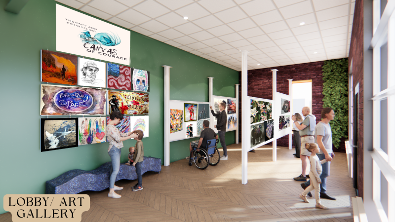 "Rendered image of the welcoming lobby/gallery space at 'Canvas of Courage,' the first room upon entry. Guests are seen admiring a diverse collection of art created during therapy sessions, showcasing works from various age groups. The space is flooded with natural light from numerous windows, creating an open and inviting atmosphere to encourage people to enter and engage with the expressive artworks."