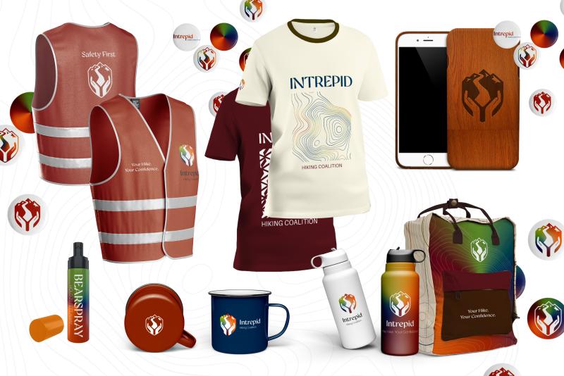 Mockups of Promotional Materials including T-shirts, safety vest, bear spray, mugs, water bottles, backpacks, a phone case, and buttons.