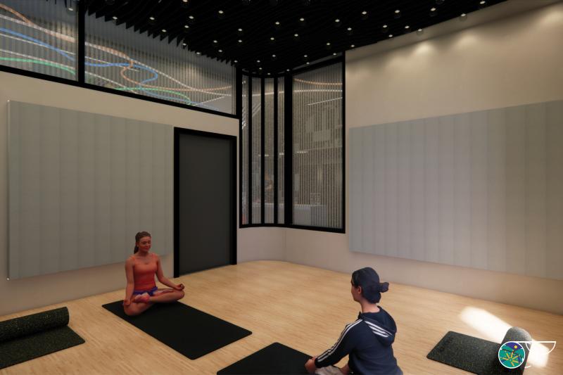 Small room with exposed brick and acoustic panels on the walls, along with acoustic baffles above and yoga mats on the floor. 