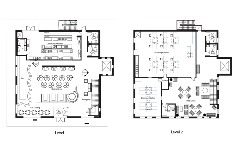 Floorplans of floors 1 & 2 of “The Ladder” with labels indicating what each room is.