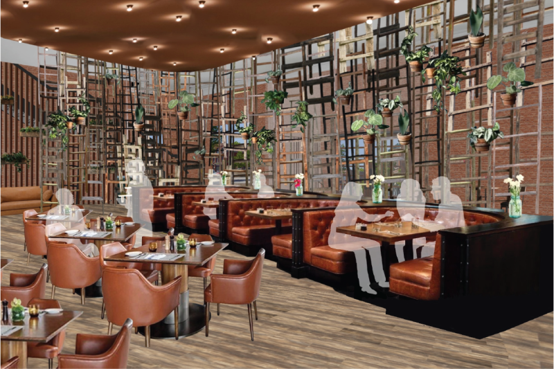 A rendered view of the restaurant dining room located on the first floor of the building. The stairs, waiting area, and bar seating are visible in the background. 