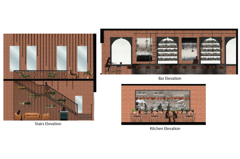 Image showing 3 rendered elevations – the bar, the stairs, and the restaurant dining room/ kitchen.