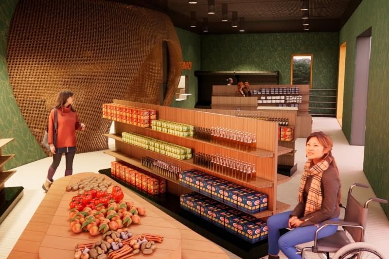 A rendered view of the mini grocery store and pharmacy in the back