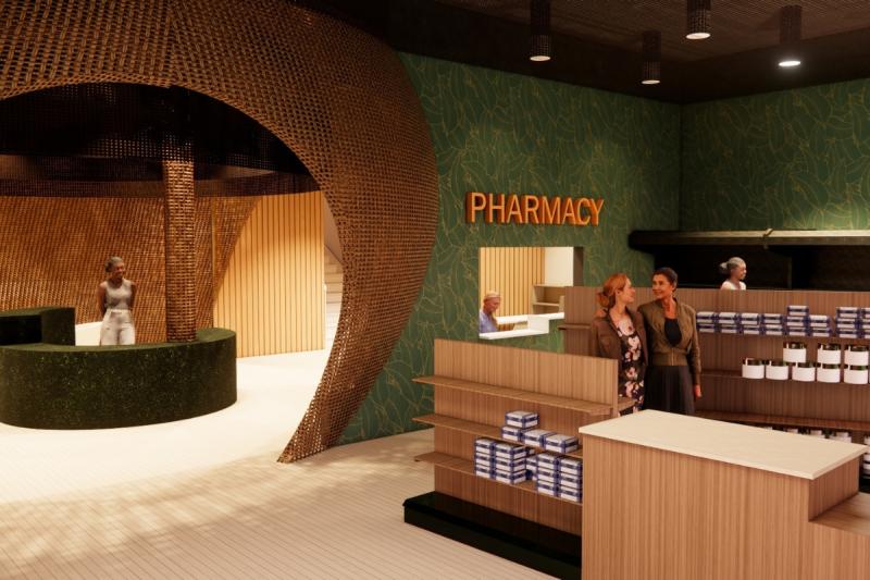 A rendered view of the pharmacy reception and the interior of the nest
