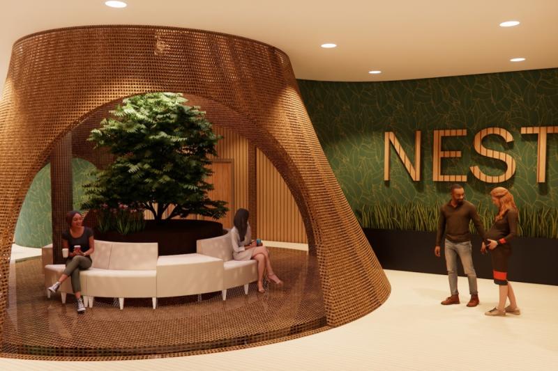 A rendered view of the interior seating of the nest and the logo on the wall