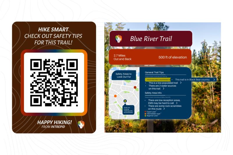 An Augmented Reality hiking sign. The physical sign shows the users a QR code to scan, which then brings them to the AR sign which shows safety alerts hikers should know before getting on the trail.