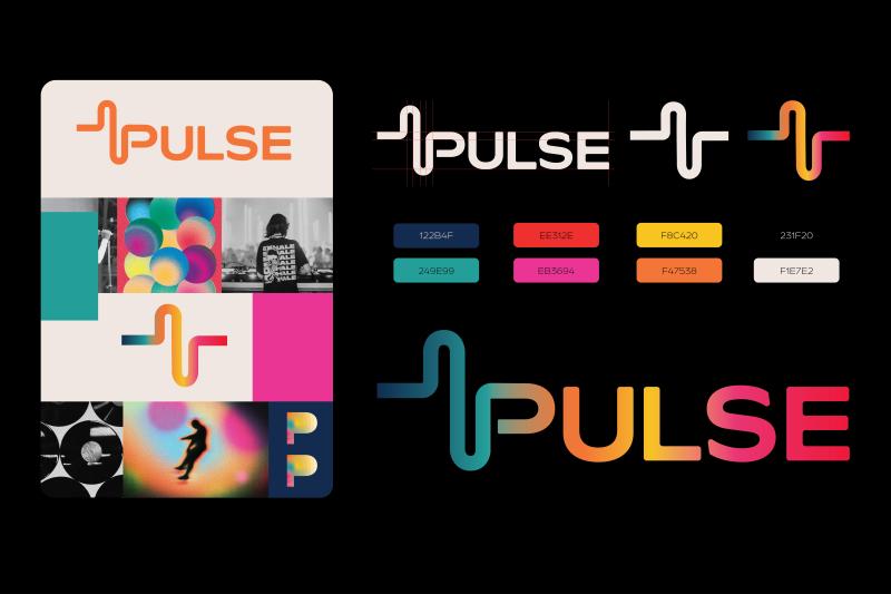 A brand look and feel board including a small collage of images, the final mark for the brand PULSE and the colors assigned to the brand (black, white, yellow, orange, red, pink, teal, and navy blue
