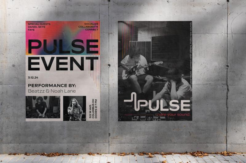two promotional posters for the brand PULSE on a concrete background