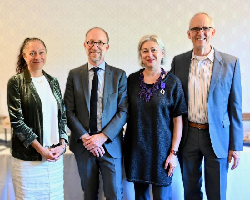 Left to Right: Dana Renga, Dean of Arts and Humanities; Yannick Tagand, Consul General of France; Fabienne Münch, Department of Design Chair; David Horn, Dean of the College of Arts and Sciences