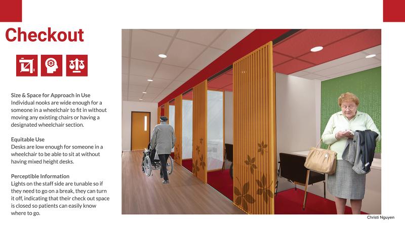 Rendering of checkout featuring space for wheelchairs to pull up to desks directly and buckeye leaf etched privacy screens by Christi Nguyen