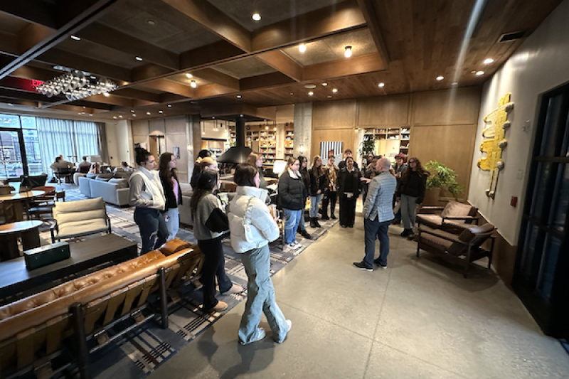 Students gathered in hotel lobby