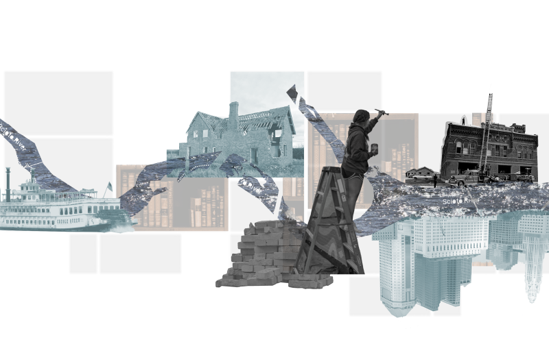 Conceptual collage serving as etched glass mural art in the atrium