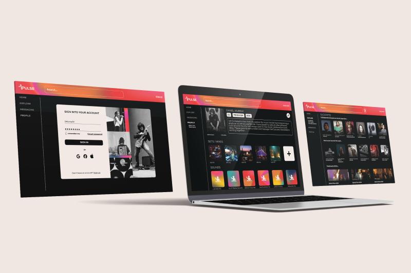 three desktop screens showing a sign-in page, profile page, and suggested page