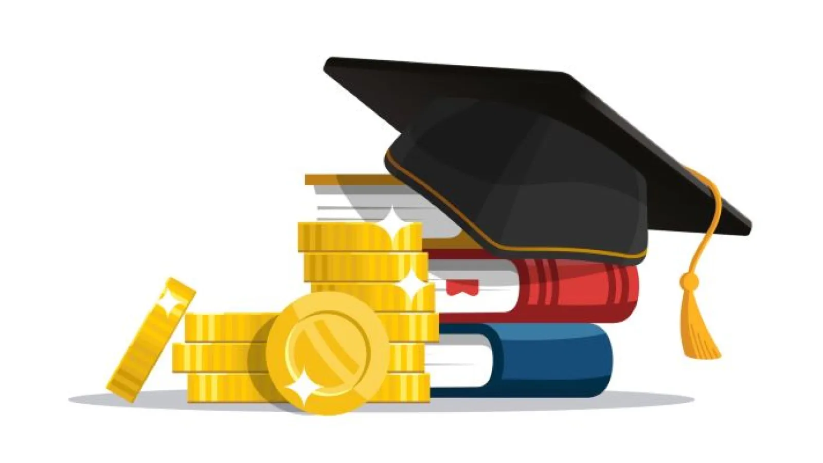 Graduation cap on top of books with coins