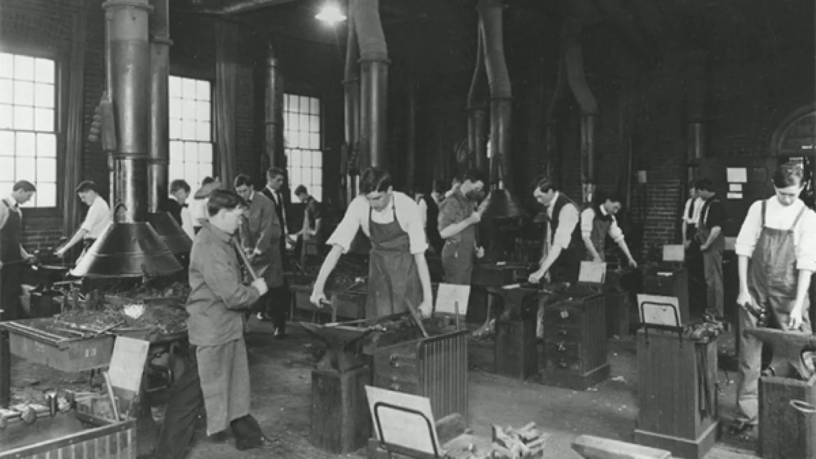 Hayes Hall interior metal work space, which is now a classroom.