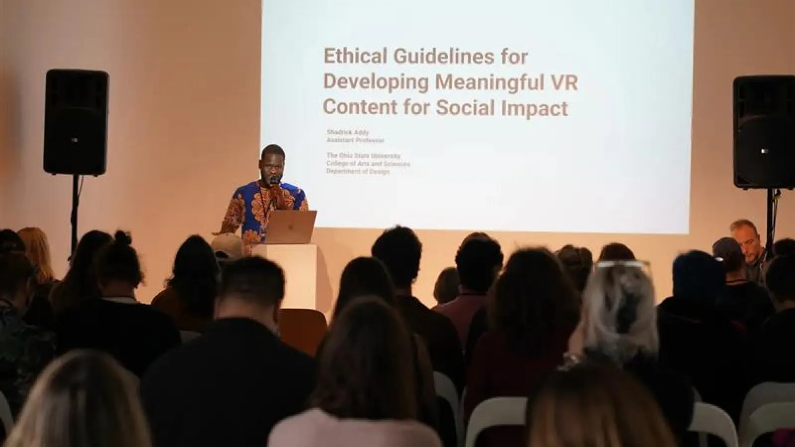 Assistant Professor Shadrick Addy recently presenting his research at the ZIP-Scene Conference in Prague, Czech Republic, at the DOX: Centre for Contemporary Art.