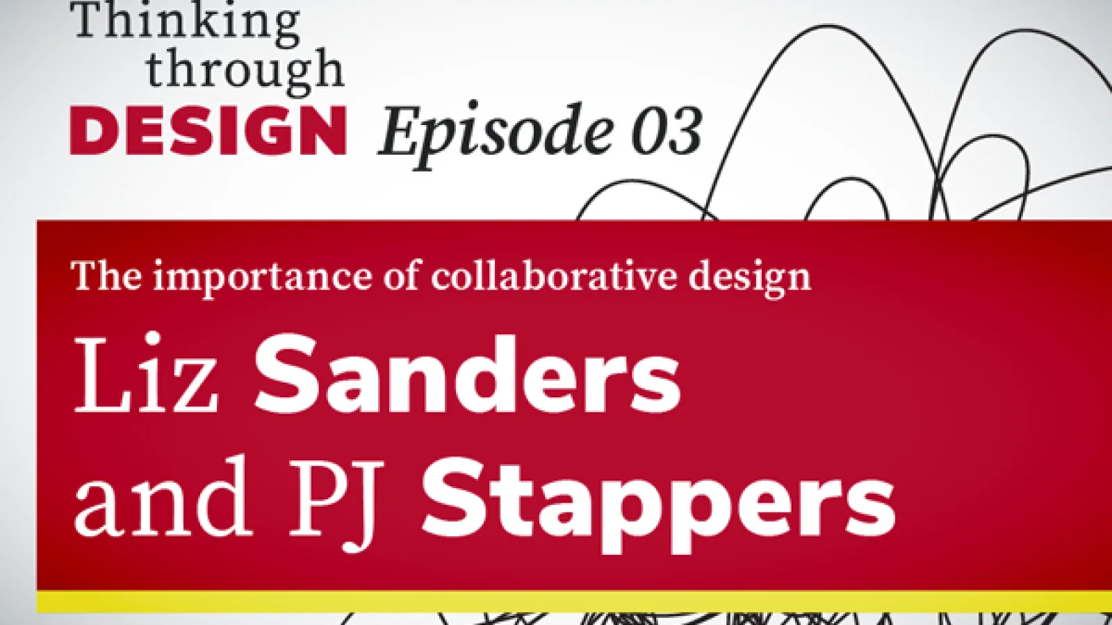 Podcast logo in graphic composition with the episode title on a red field over a scribble mark.