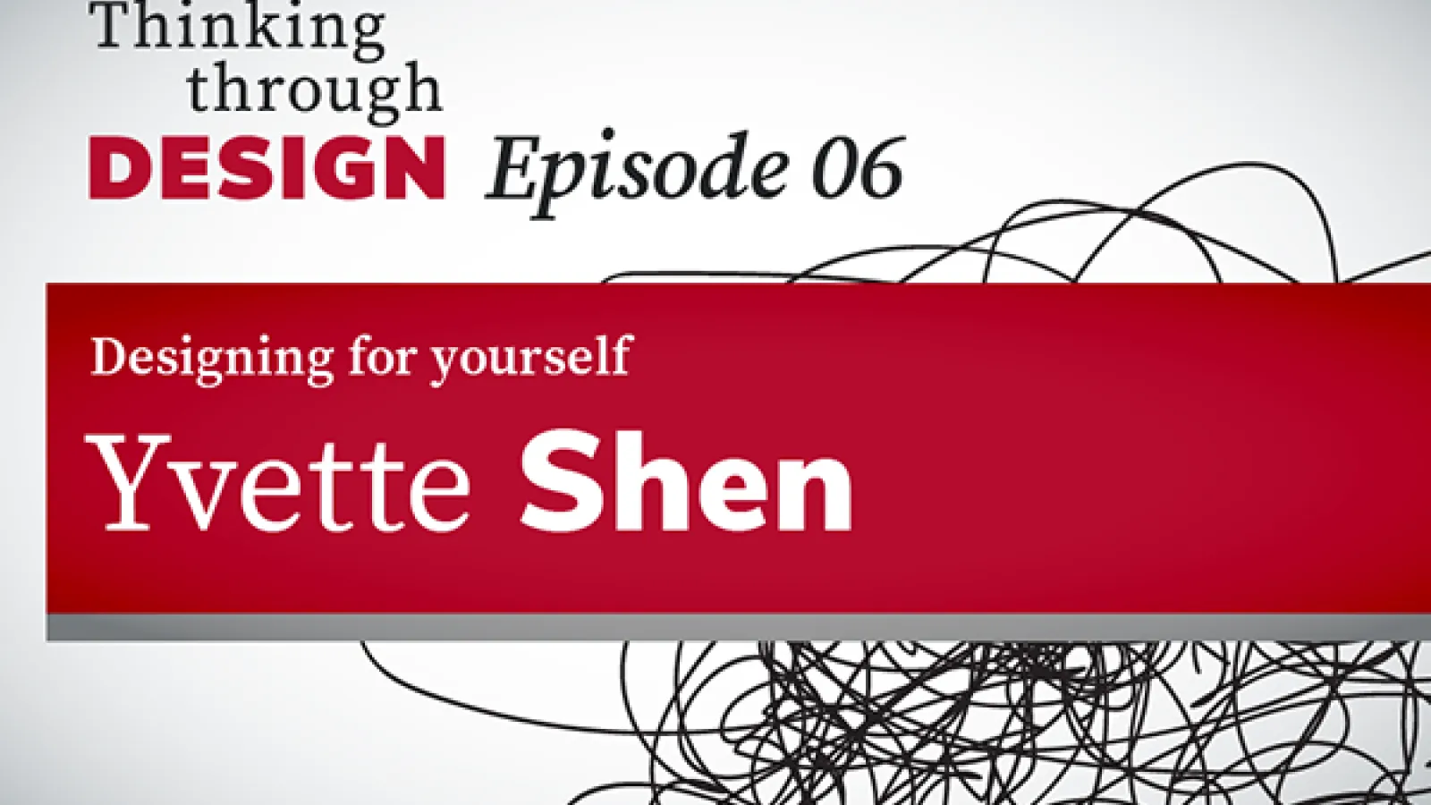 Podcast logo in graphic composition with the episode title on a red field over a scribble mark.