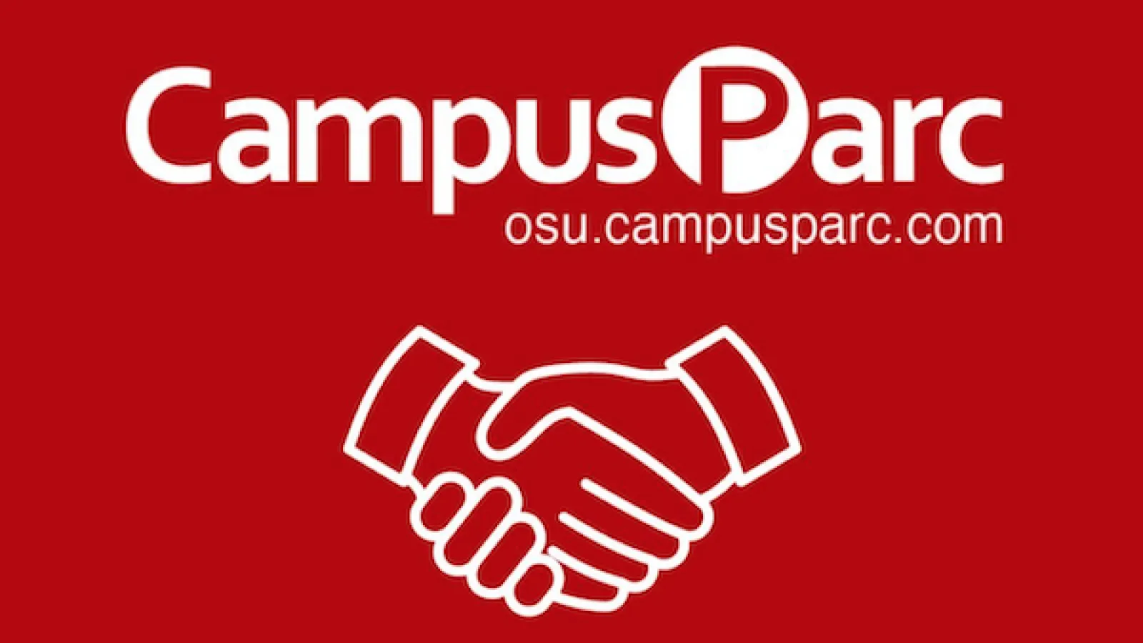 CampusParc logo in white on scarlet with shaking hands graphic below.