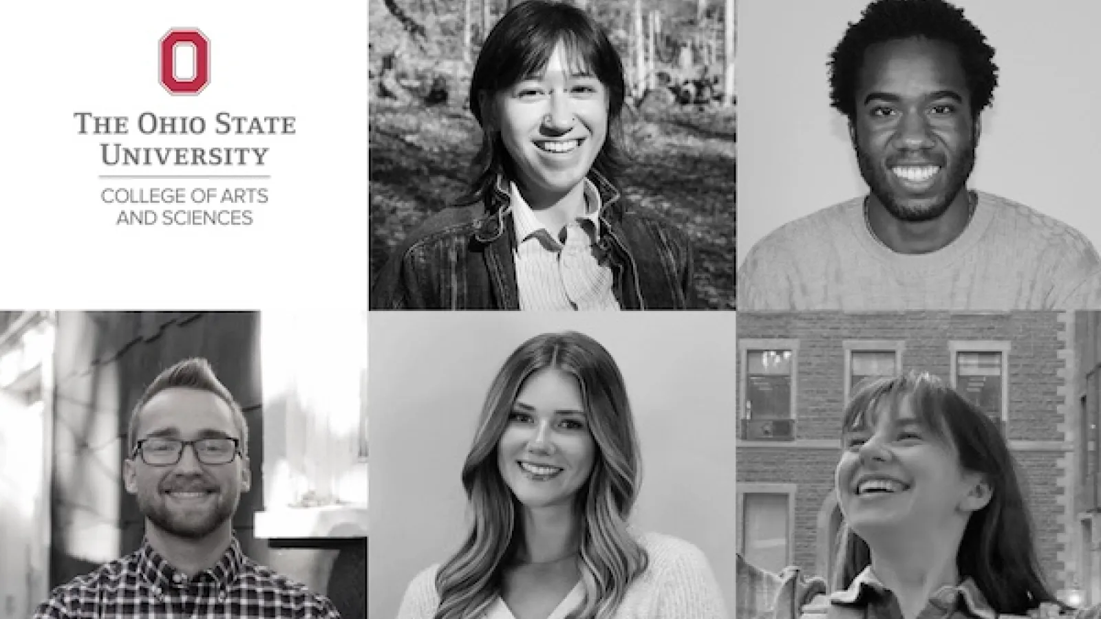 black and white headshots of the five winners, arranged in a grid, with the College of Arts and Sciences logo