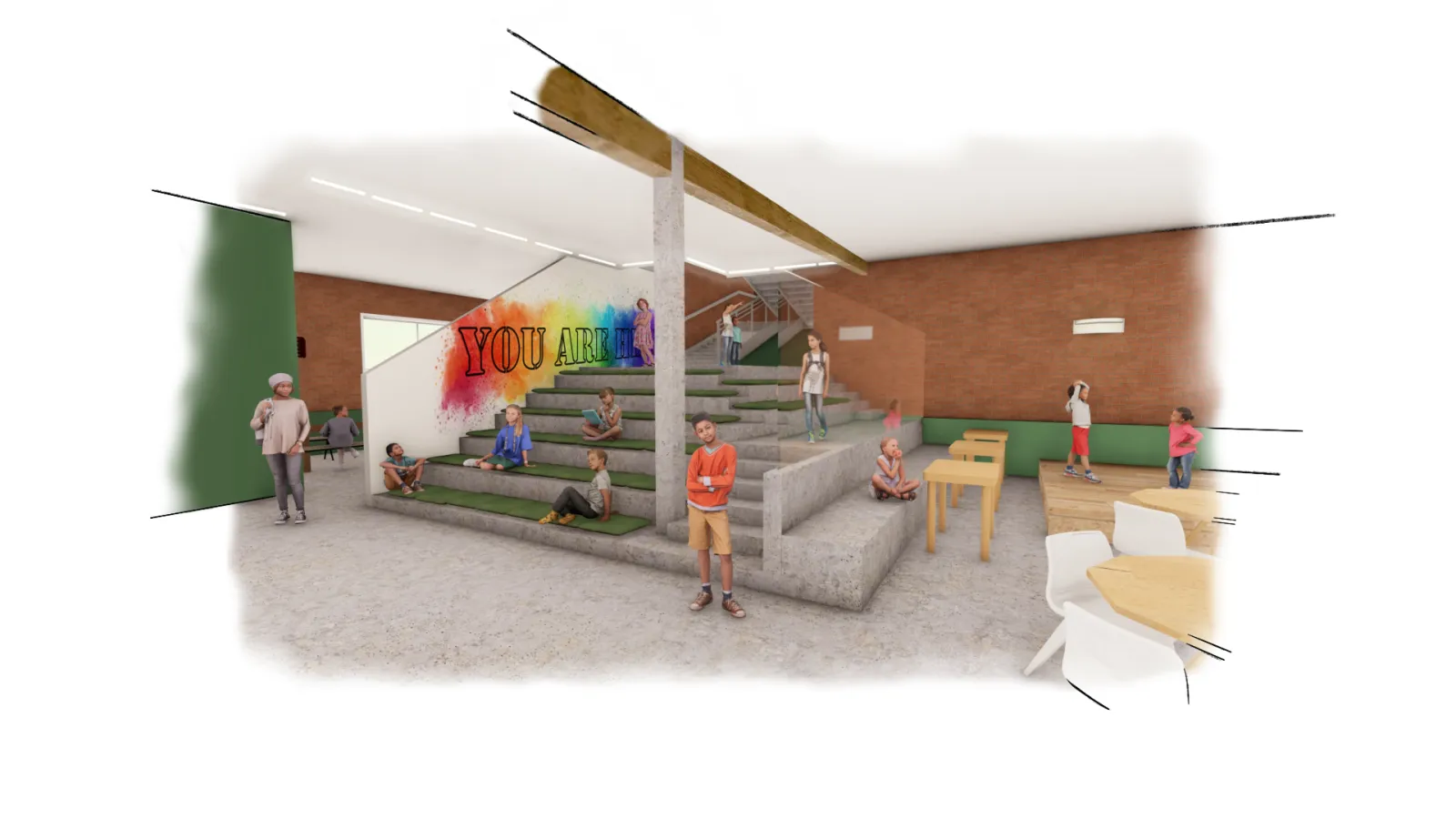 A large social stair with children and teenagers hanging out. On the back wall, a vibrant rainbow graphic reads “you are here” in stenciled spray paint.