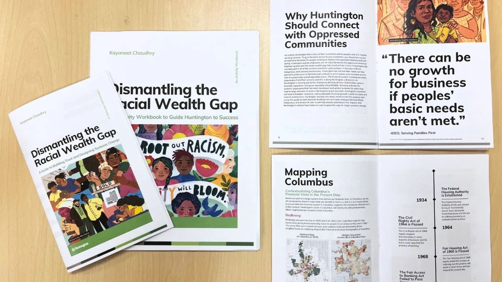 The image shows the front of the Dismantling the Racial Wealth Gap guidebook and activity book as well as a few example pages that explain the need for Huntington to connect with oppressed communities and mapping how communities of color in Columbus have been affected by systems of oppression