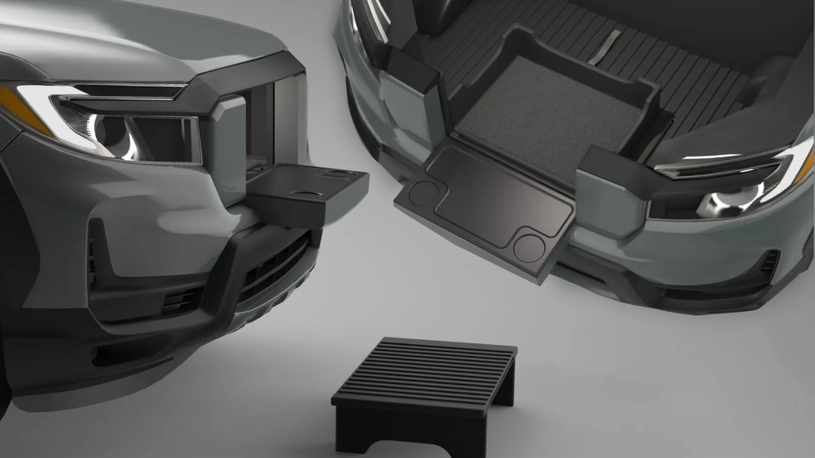 A collage of three angles of 3D renderings on the Honda Ridgeline showing the opened Grille Gait, the Grille Guard in the frunk, and the Grille Guard turned over on the ground as a stepping stool.