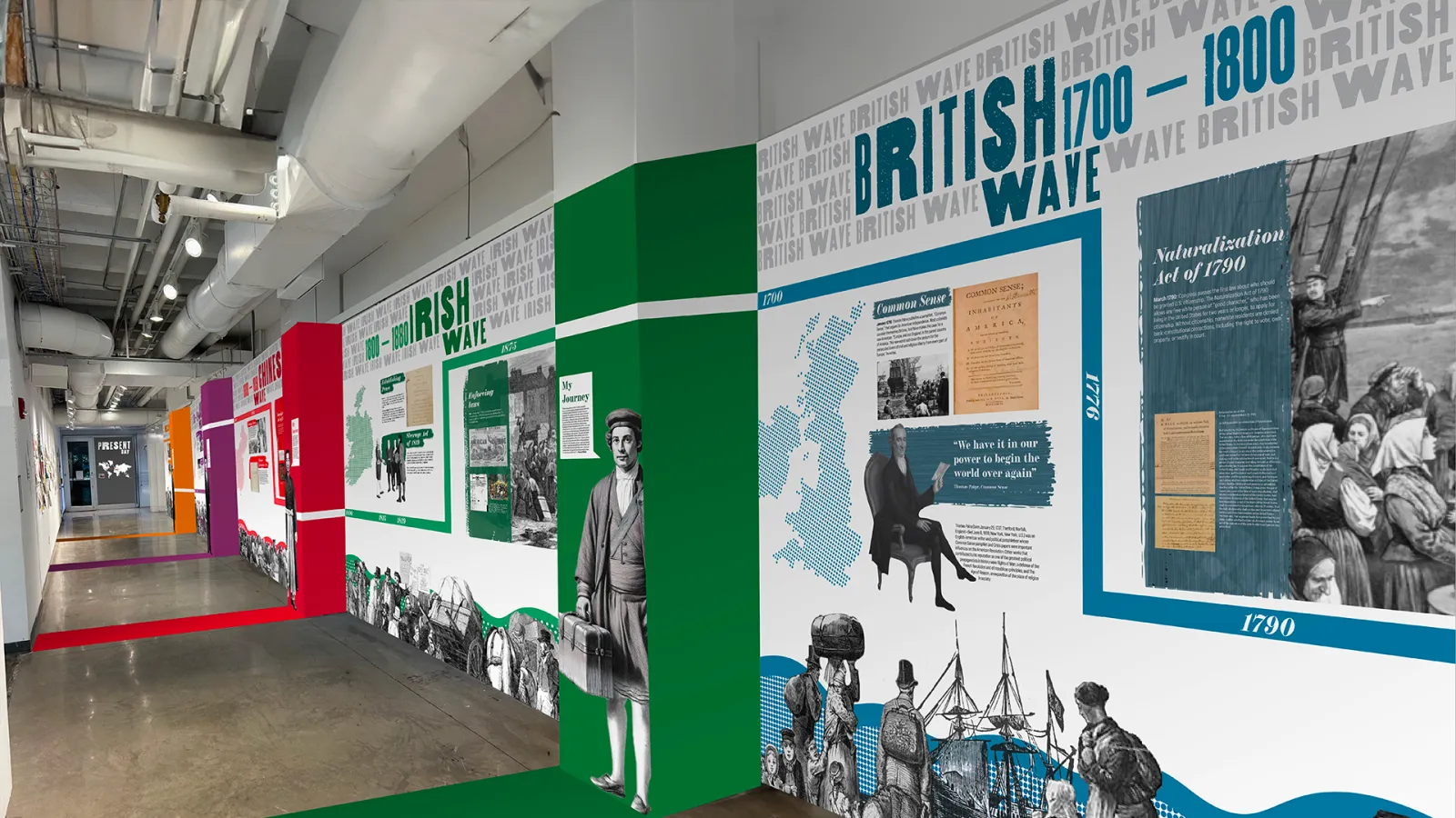 An exhibition titled "Nation of Strangers" is displayed in the Hopkins Hall Hallway, showcasing five significant waves of immigration to the United States. On the walls, each pillar presents a unique immigrant story linked to one of the following waves: British, Irish, Chinese, Japanese, and Mexican.