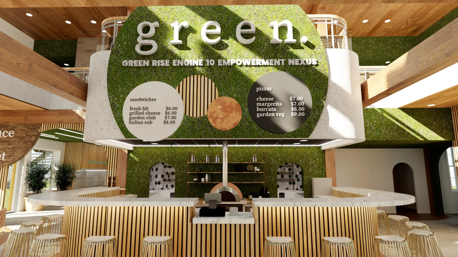 The entrance to GREEN, featuring a curved bar with gold stools, a lush green wall with menu signage, and a wood-burning pizza oven in the background. Natural wood and marble accents blend with greenery, creating a welcoming, sustainable dining environment.