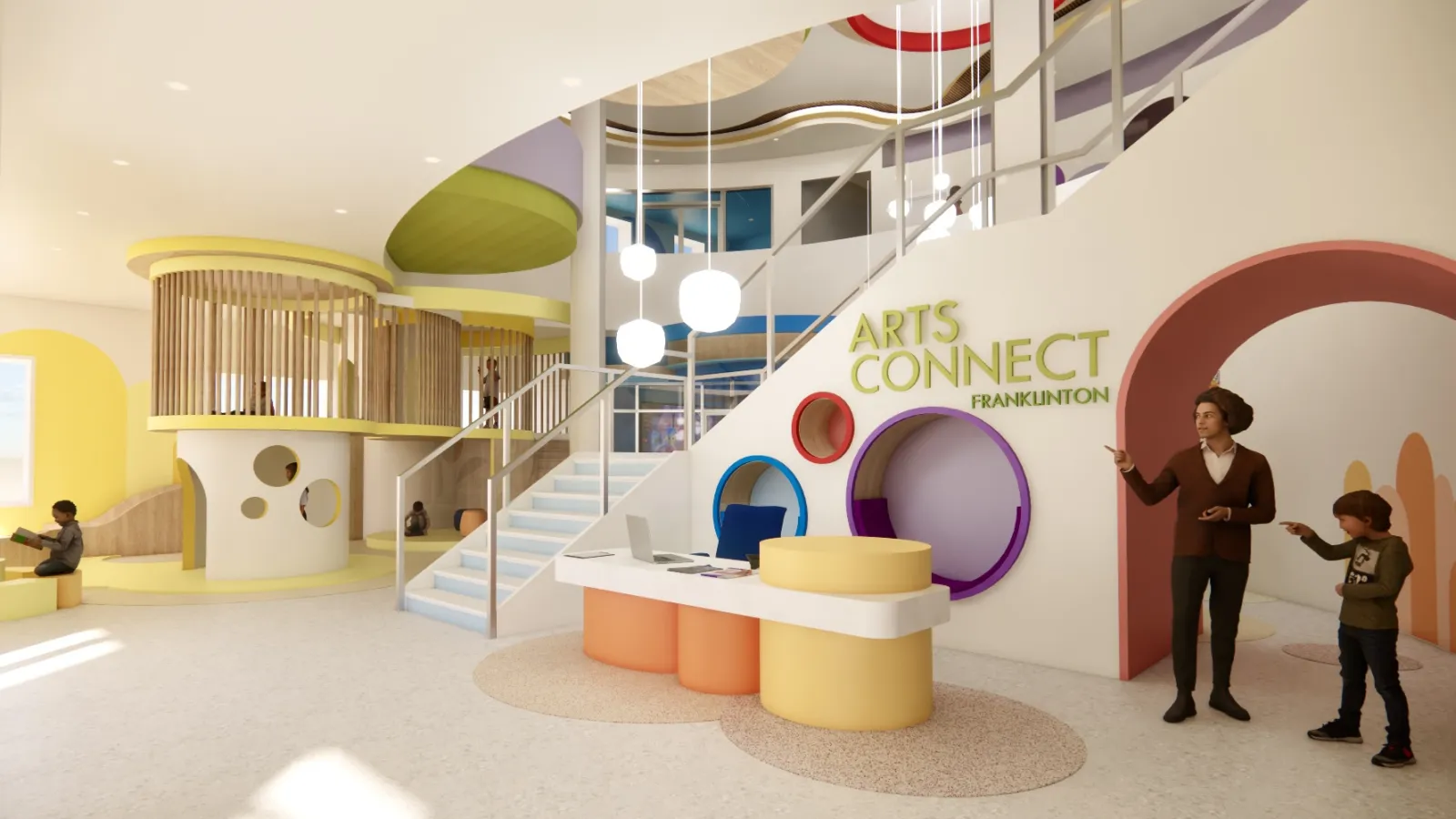 The lobby features a spacious, bright area with a large reception desk and natural light pouring in through windows. The space is designed to create a welcoming, vibrant environment, with bold colors and open areas for movement.