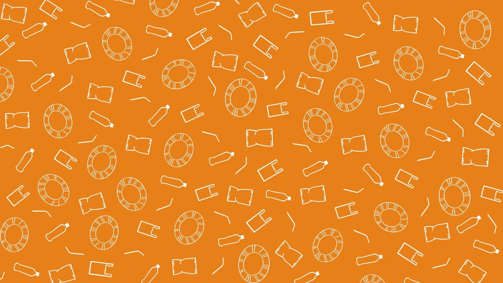 A close up of the trash can lid pattern featuring simple, white icons of straws, beverage containers, and plastic bags.