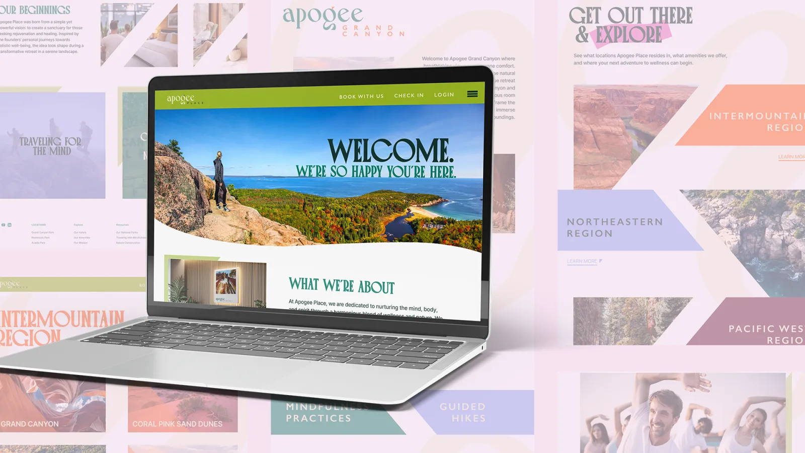 A laptop displaying the Apogee Place website, featuring a welcoming message, nature-inspired imagery, and an inviting layout. The background consists of various website sections showcasing travel destinations and wellness offerings. 