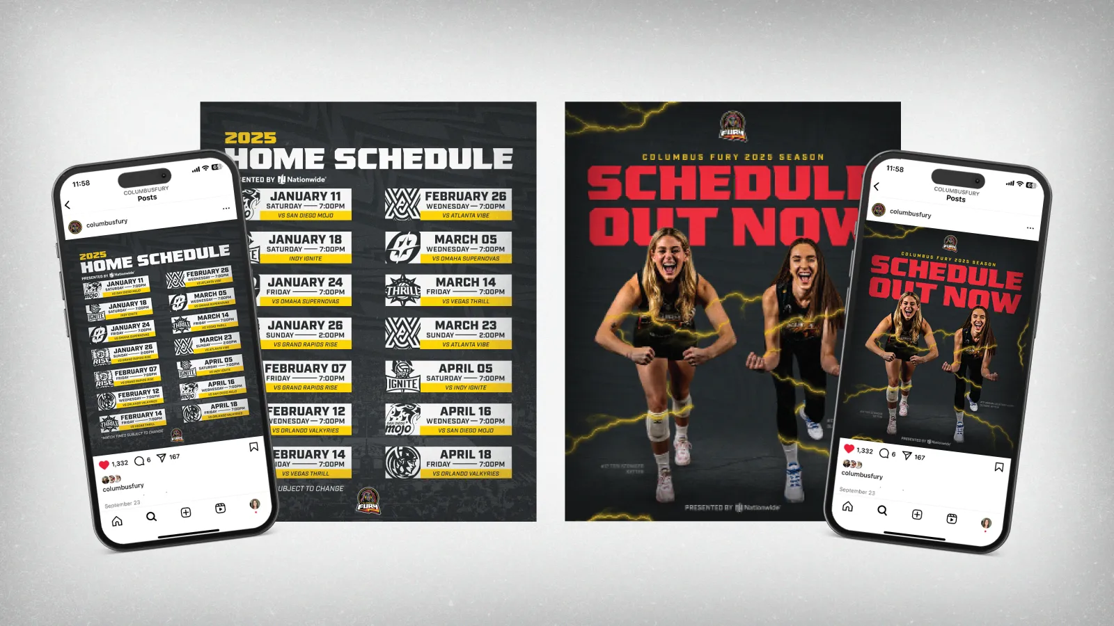 On the left is a 2025 home schedule graphic and a mockup of it on an Instagram post. On the right is another graphic that says “Schedule Out Now” with an Instagram mockup on a phone next to it.