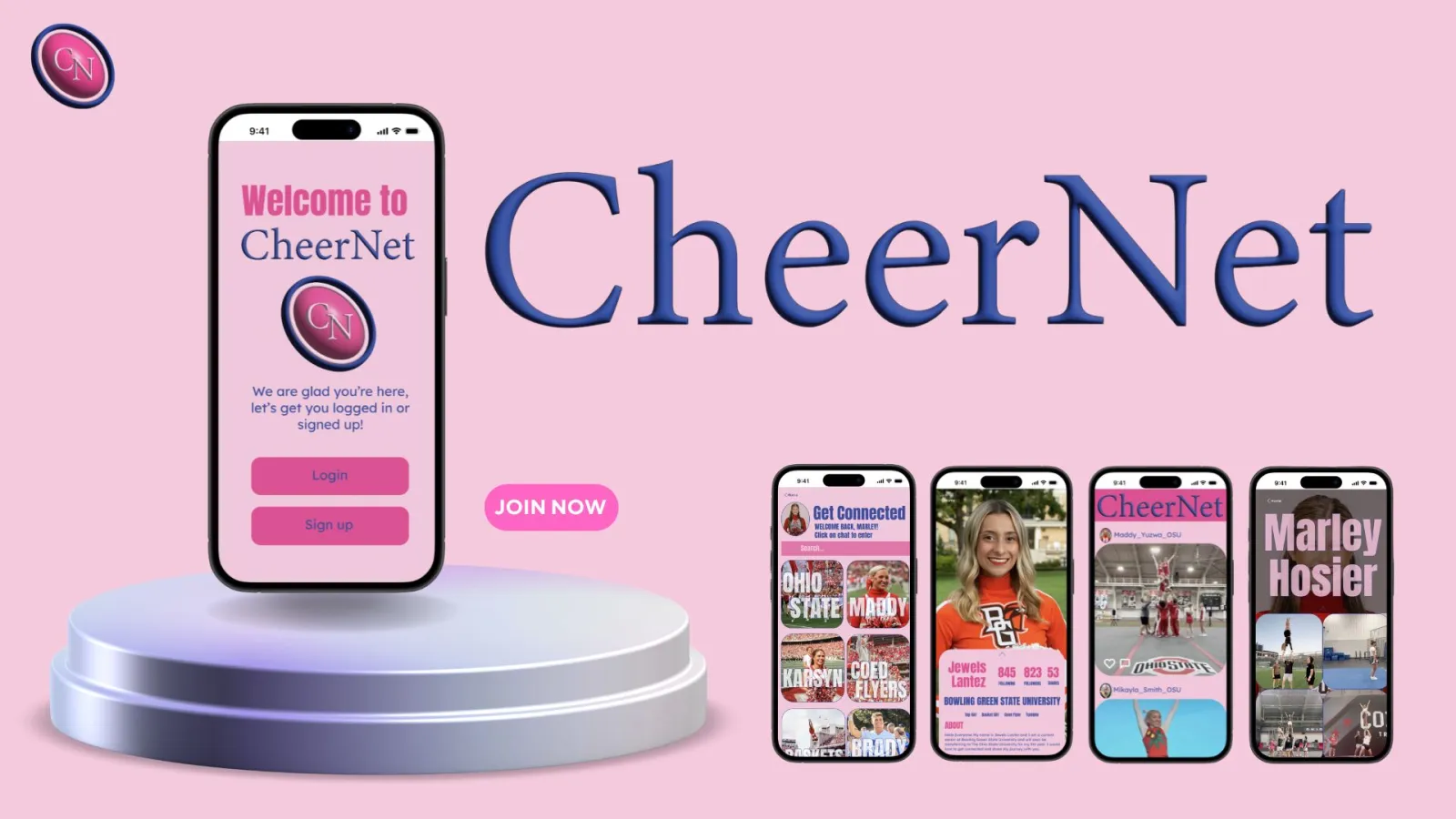This image highlights CheerNet with a stylish, modern layout set against a soft pink background. A smartphone on a raised platform displays the app’s login screen, while four additional screens showcase user profiles, team interactions, and exclusive content. The bold “CheerNet” lettering reinforces the brand’s identity and mission.