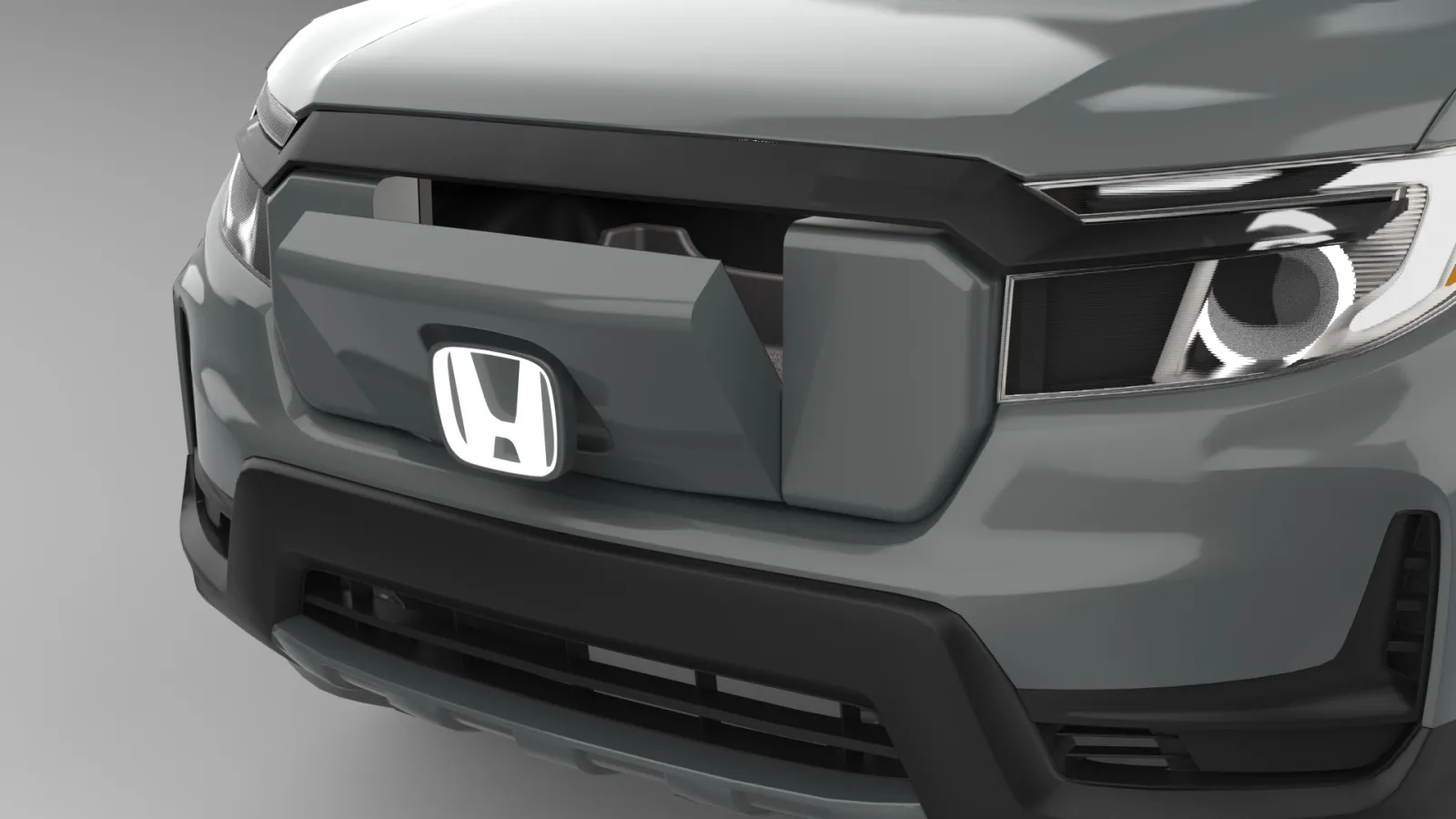 A 3D rendered image of the front of a Honda Ridgeline with a large LED Honda logo as a handle that has been pulled forward to show that it has been used. The Grille Gait is dropping down from its closed position to start to reveal an access into the frunk.