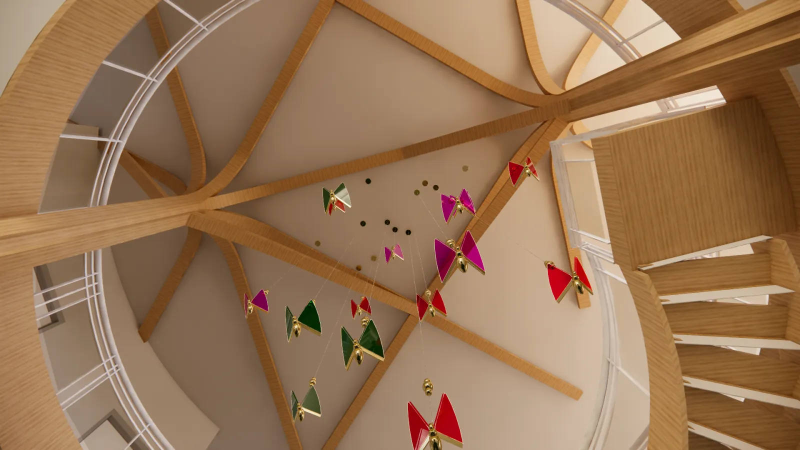 A ceiling view in a modern, circular space featuring wooden architectural beams that elegantly curve and intersect. Suspended from the ceiling are decorative butterfly-shaped ornaments in red, pink, and green with gold accents, hanging at varying heights on thin wires. The ceiling design is complemented by white railings and a curved staircase leading to an upper level, adding to the airy and dynamic feel of the space. The combination of wood, soft lighting, and playful hanging elements creates a warm and i