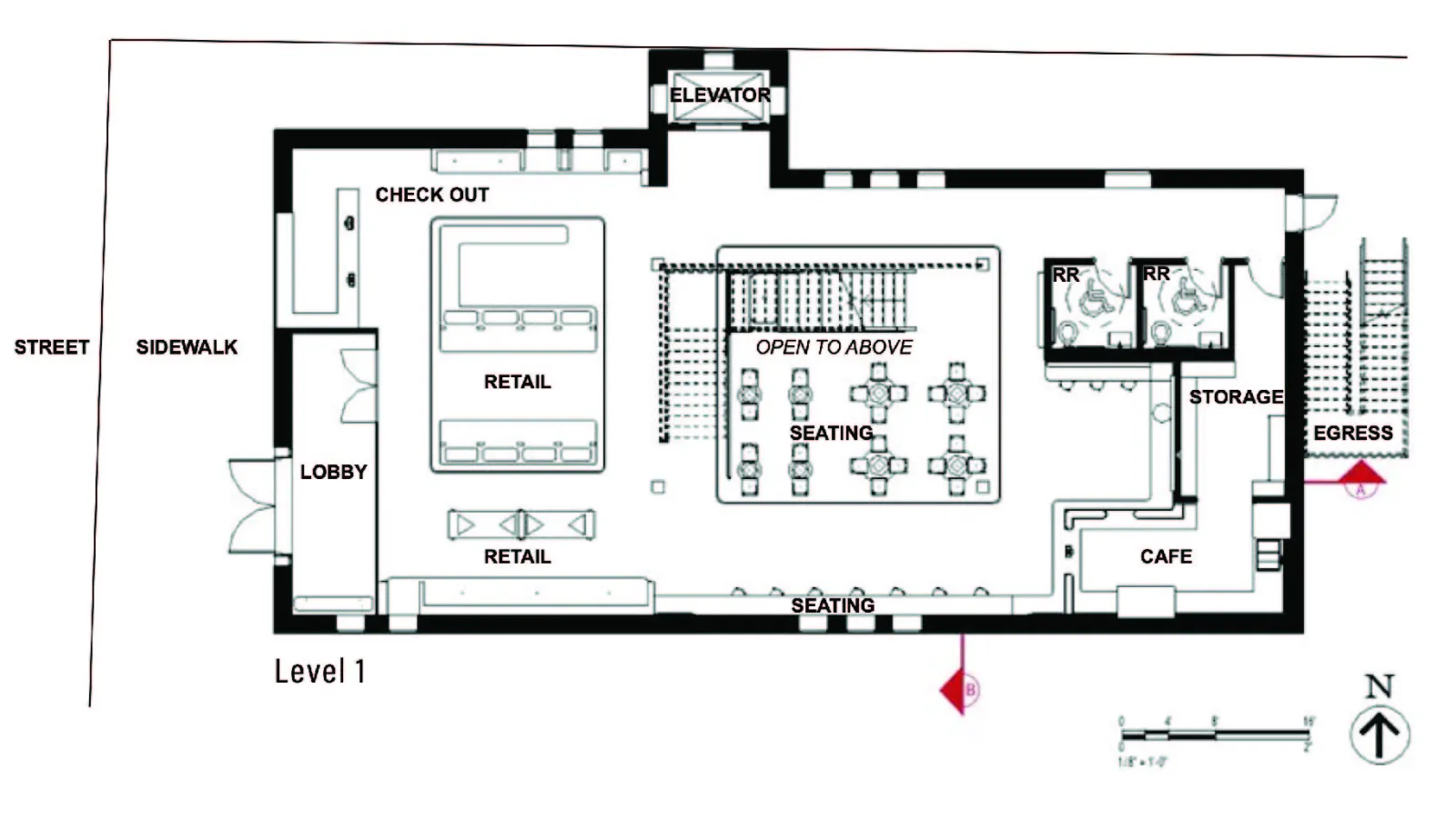 The Level 1 floor plan shows the north-facing view of the space. The different areas moving from west to east include the retail section and checkout, an elevator, an open seating area, a central staircase, a small cafe, two restrooms, a storage room, and a back egress exit.