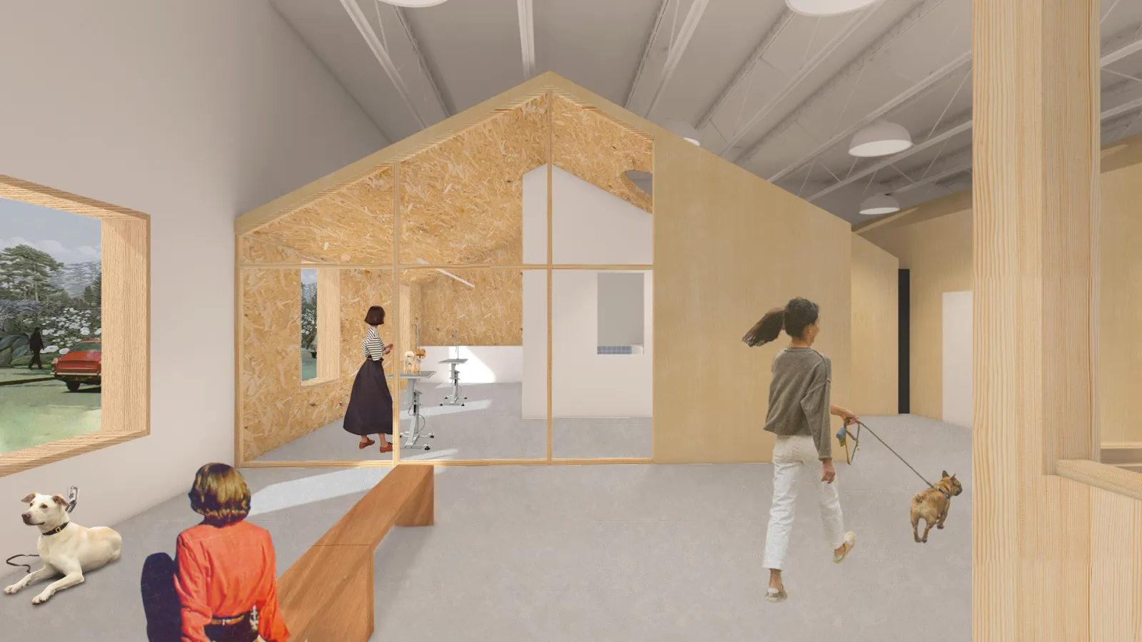 2.	A pet grooming and care area designed with a modern, natural aesthetic. A woman is inside a small, enclosed room with large glass windows, grooming a dog on a table. The room has a warm plywood and OSB (oriented strand board) finish, creating a cozy yet functional atmosphere. A woman with a ponytail is walking a small brown dog on a leash past the room, while another person sits on a bench nearby. Large open windows on the left side reveal a collage-style natural landscape with trees, a parked vintage ca