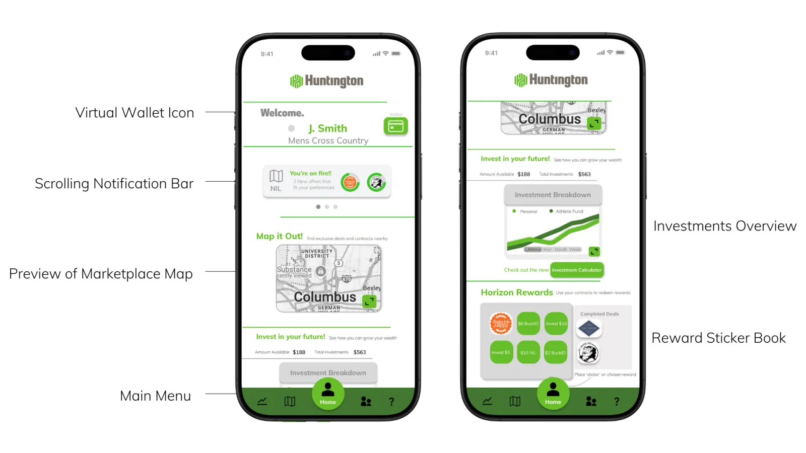 3.	Home screen of the Horizons application, displaying various menus and a scrolling notification bar. 