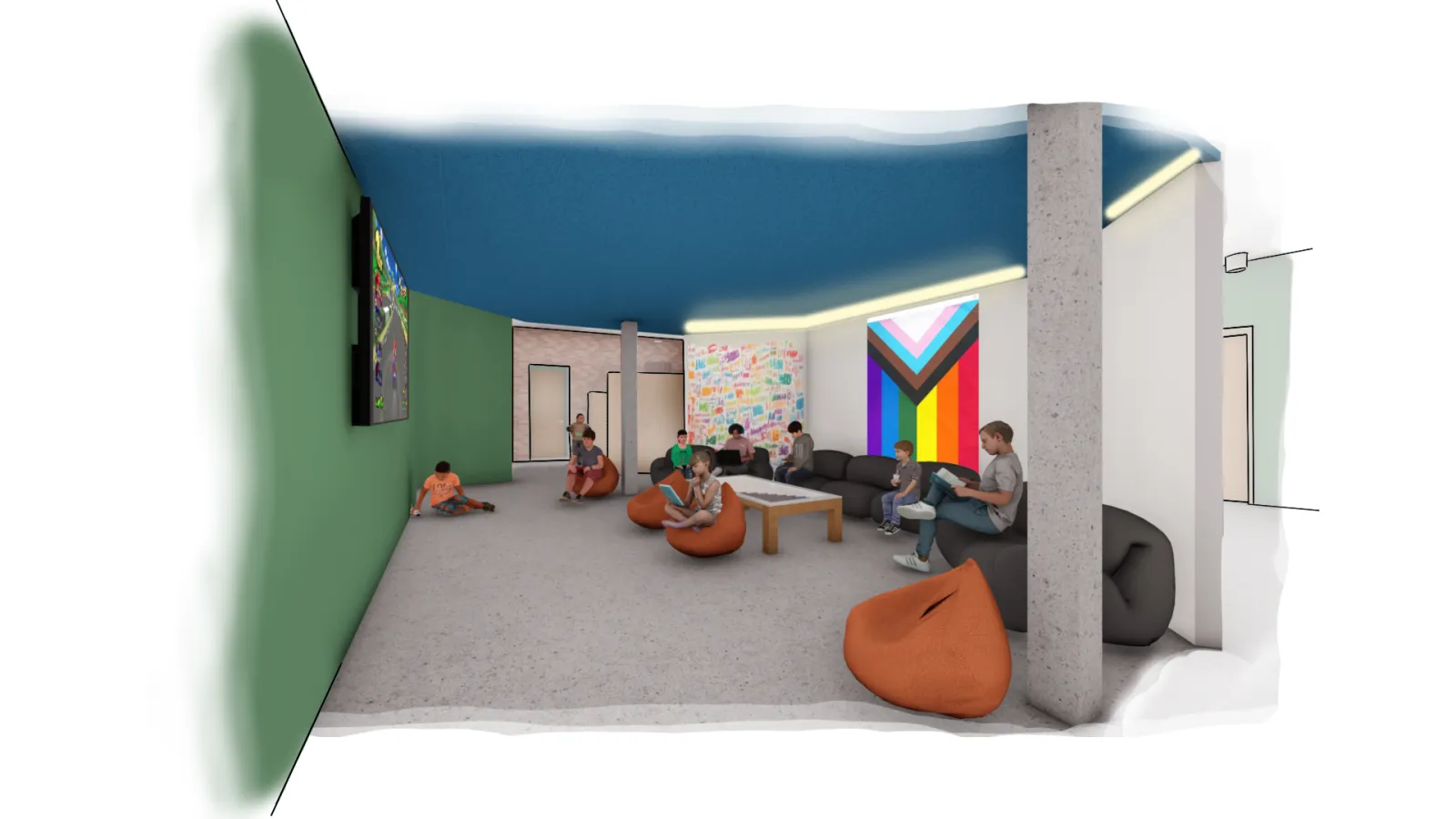 An angular room with graffiti covered walls with queer youth spending time together. A progress pride flag hangs on the back wall and a video game is paused on the television screen.