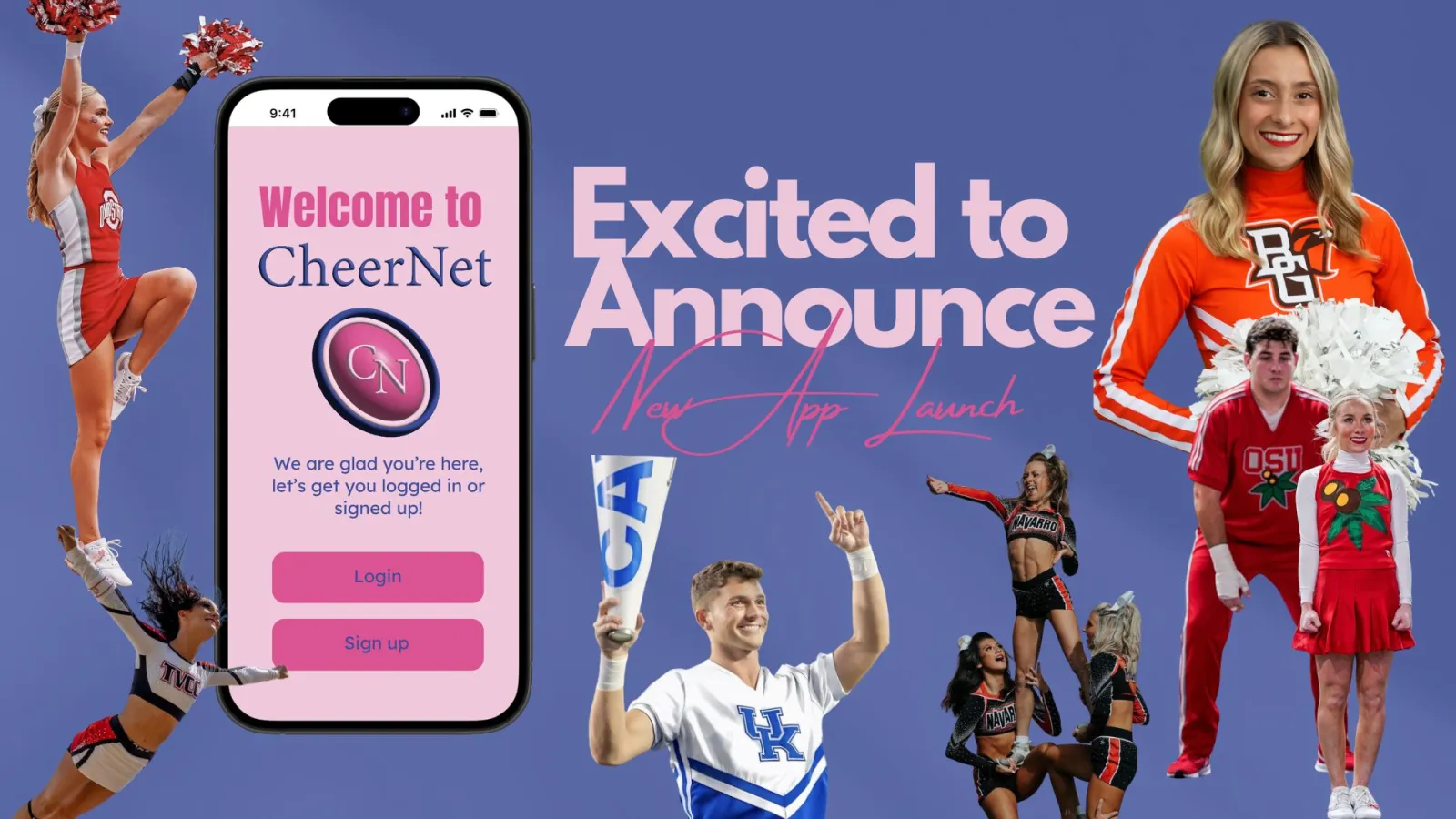 This vibrant image announces the launch of CheerNet, an app designed for every cheerleader at any university. The featured athletes highlight its versatility, connecting cheerleaders across all teams, styles, and skill levels.